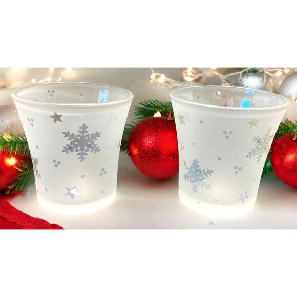 Partylite Snowy Nights Votive Candle Holders Snowflakes Frosted Glass Set of 2 - Picture 1 of 6